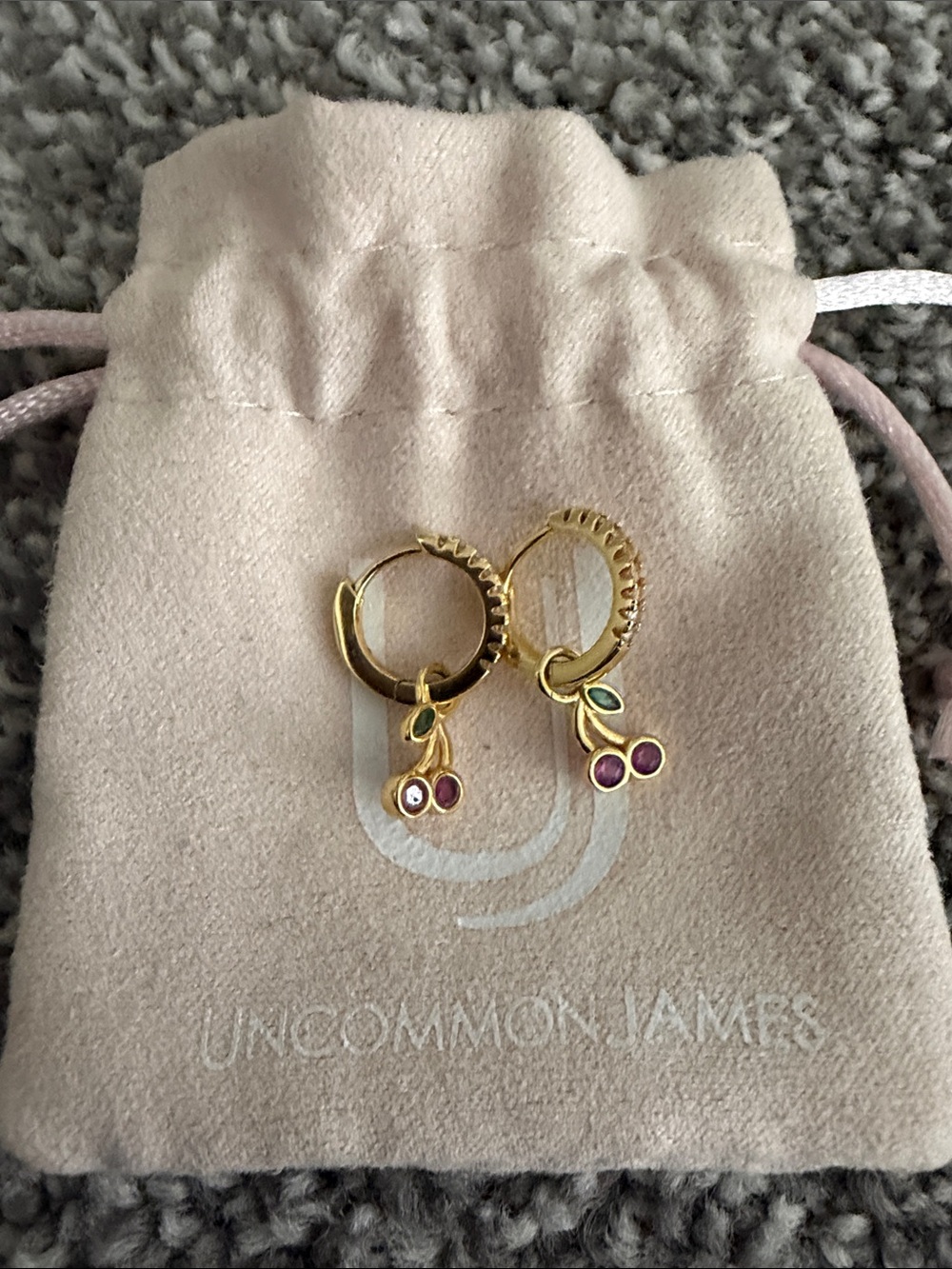 Uncommon James Gold Cherry Charm Huggie Hoops